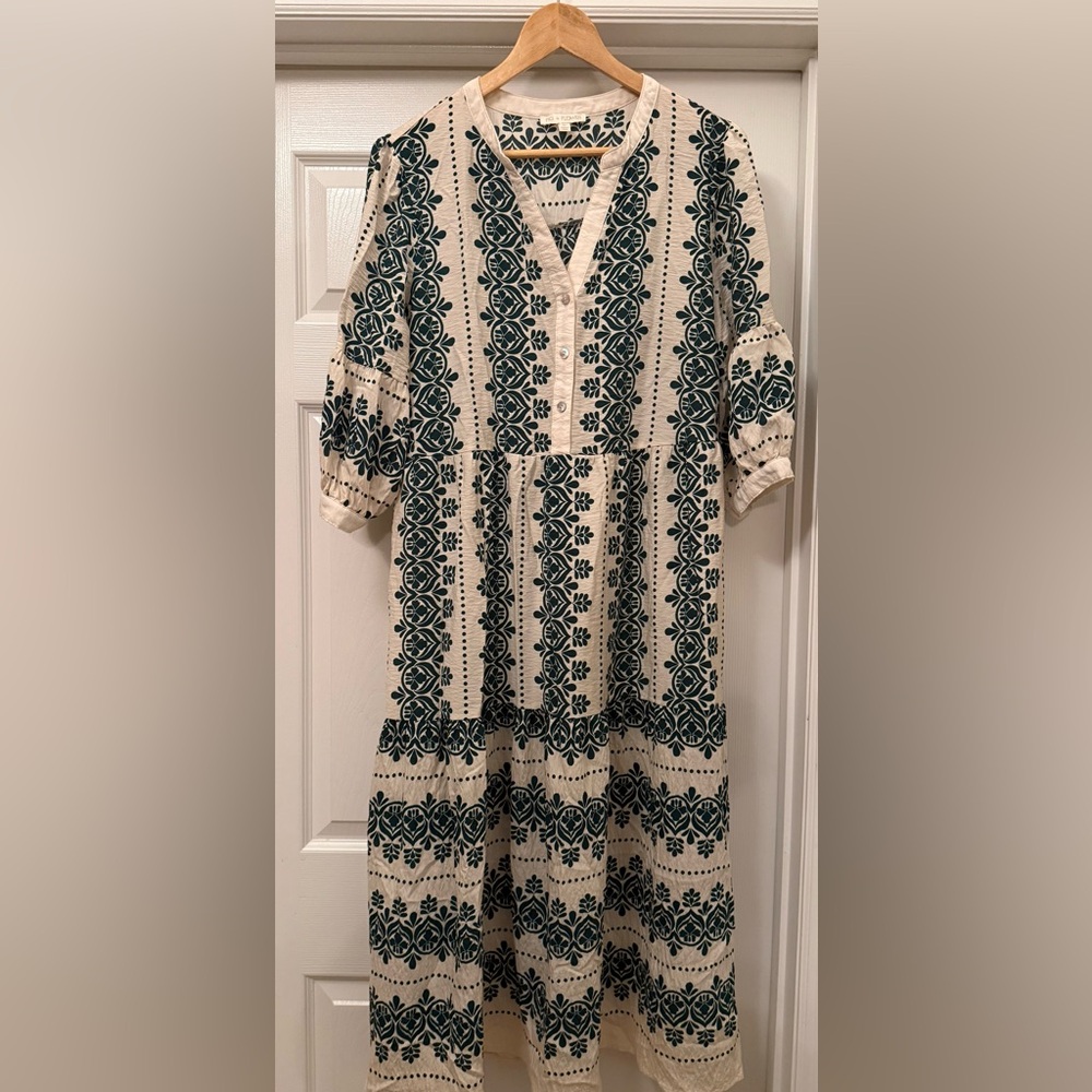 Fig and Flower Cream Dress with Green Floral Patterns Boho Size Large - Picture 3 of 7